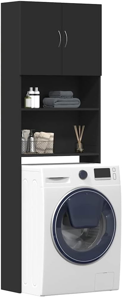 Tall Black Washing Machine Cabinet Over-Laundry Storage Unit with Doors & Shelve
