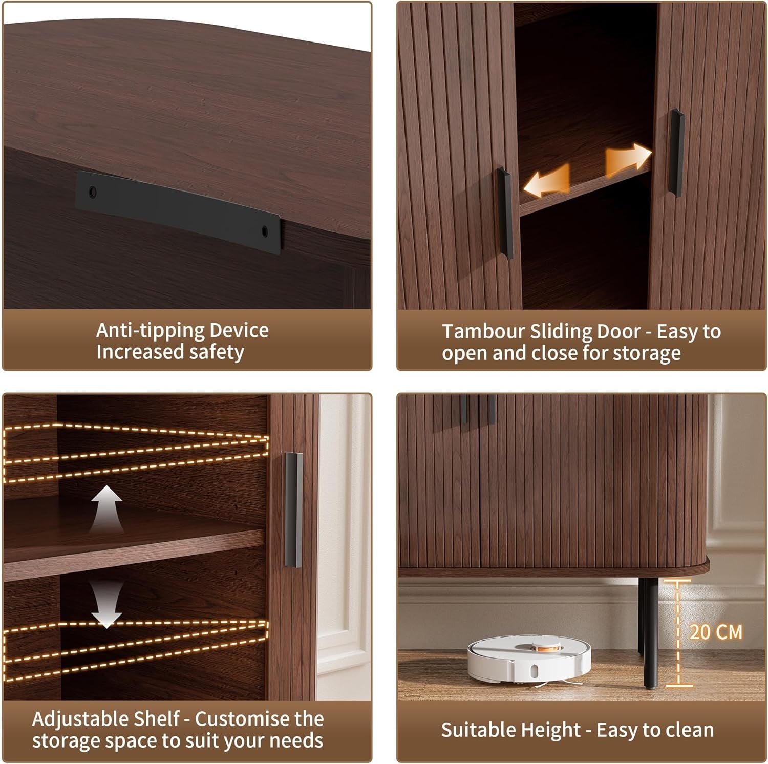 Walnut Sideboard Buffet Cabinet with Sliding Tambour Doors & Storage Shelf