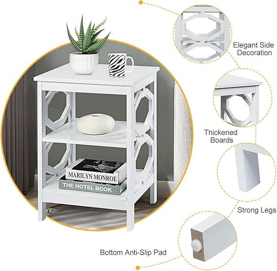White 3-Tier Bedside Table with Storage Shelves | Modern Wooden Nightstand