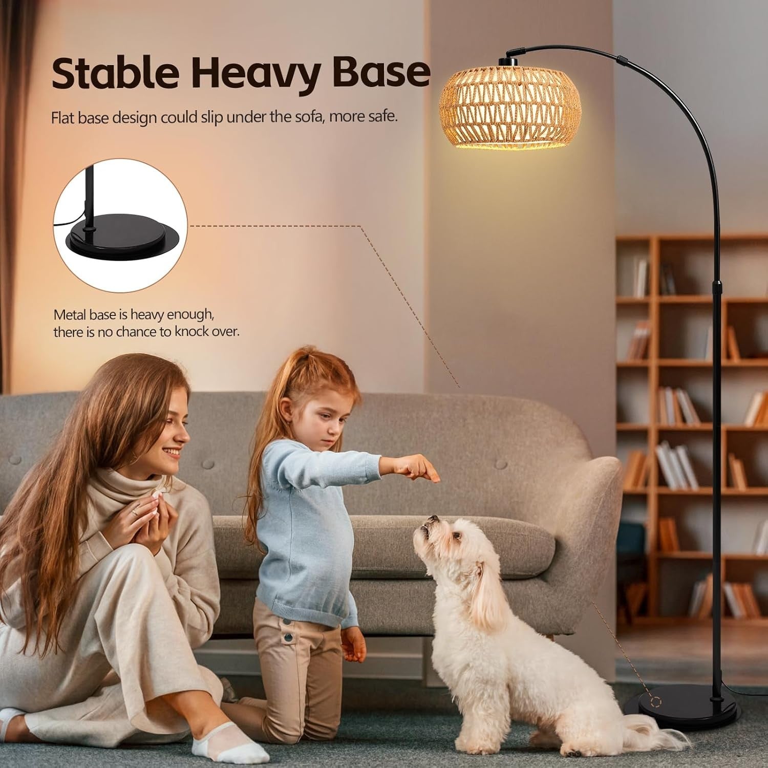 Boho Arc Floor Lamp Dimmable Remote Control Rattan Shade Black Stand