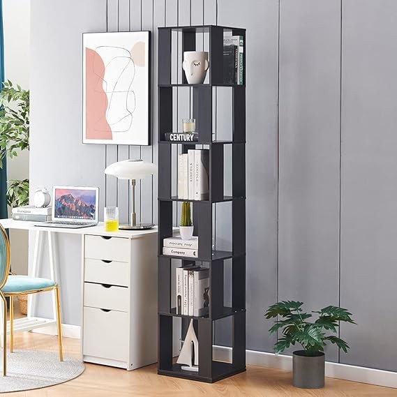 Tall Rotating 6-Tier Corner Bookshelf Slim Display Storage Unit for Home Office