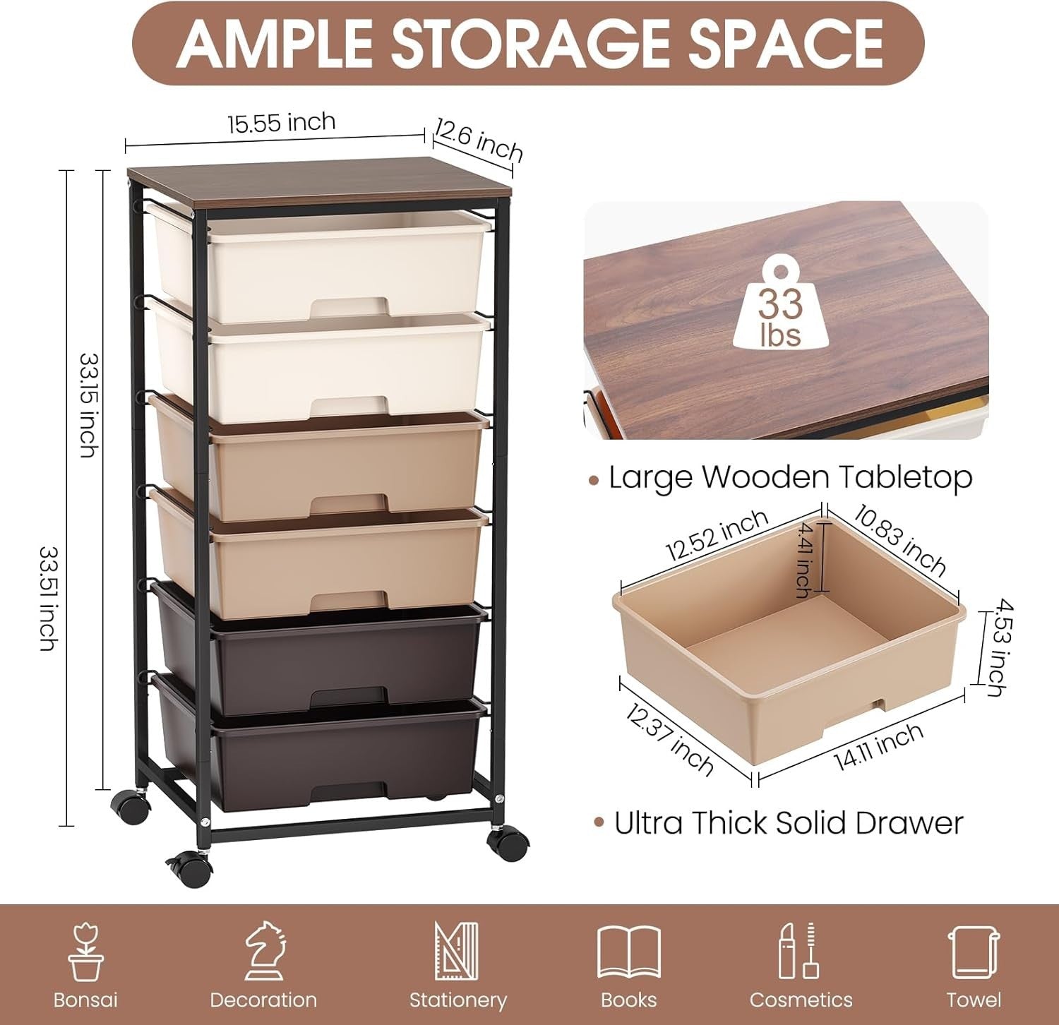 6 Drawer Rolling Storage Cart Utility Trolley with Wooden Top Brown