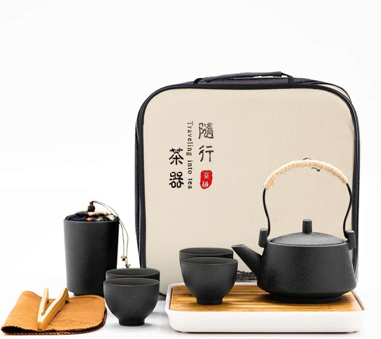 Portable Gongfu Tea Set Black Porcelain Teapot Cups Travel Tea Service