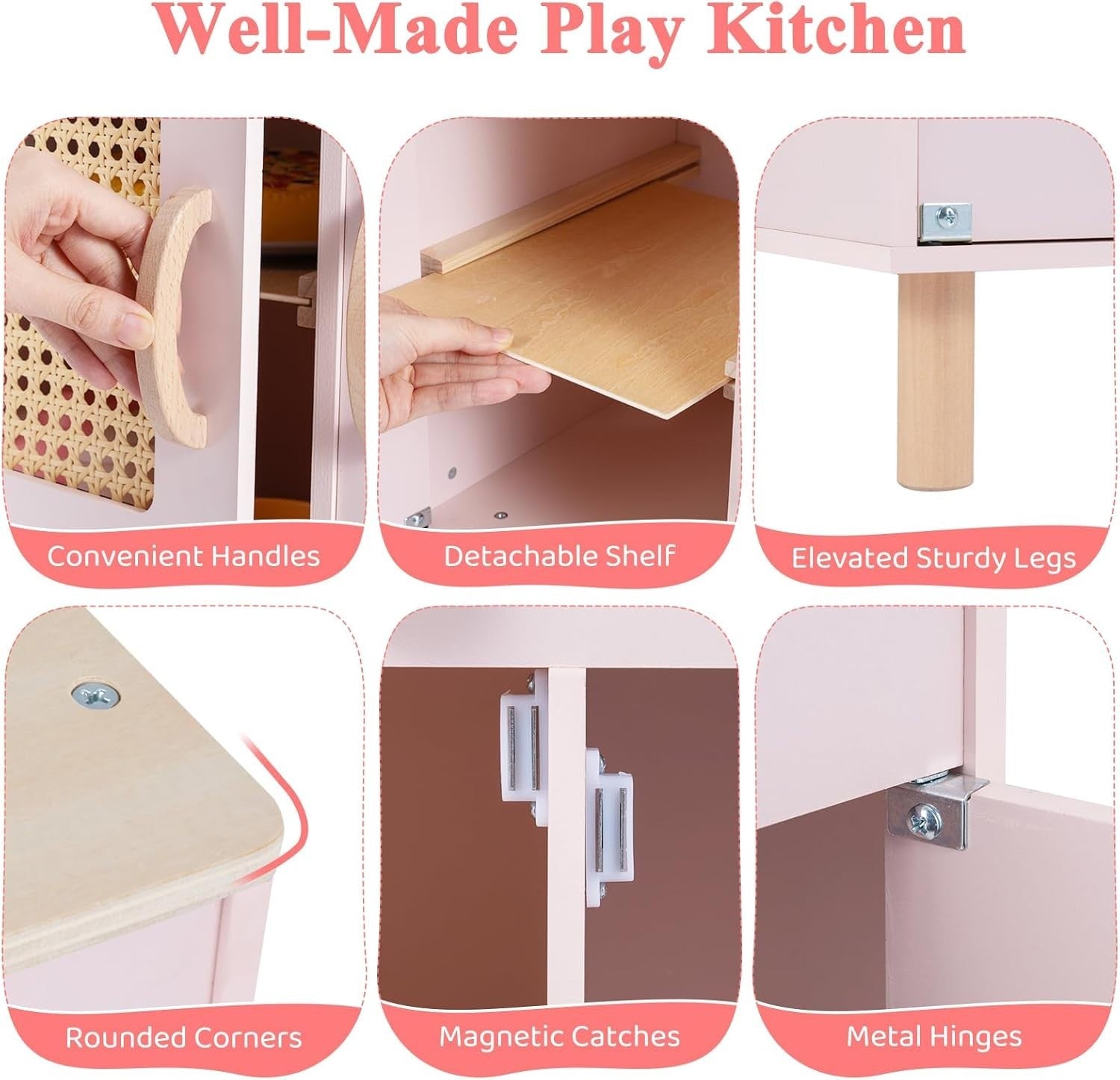 Wooden Kids Play Kitchen Pink w/ Ice Maker Sink Accessories Set