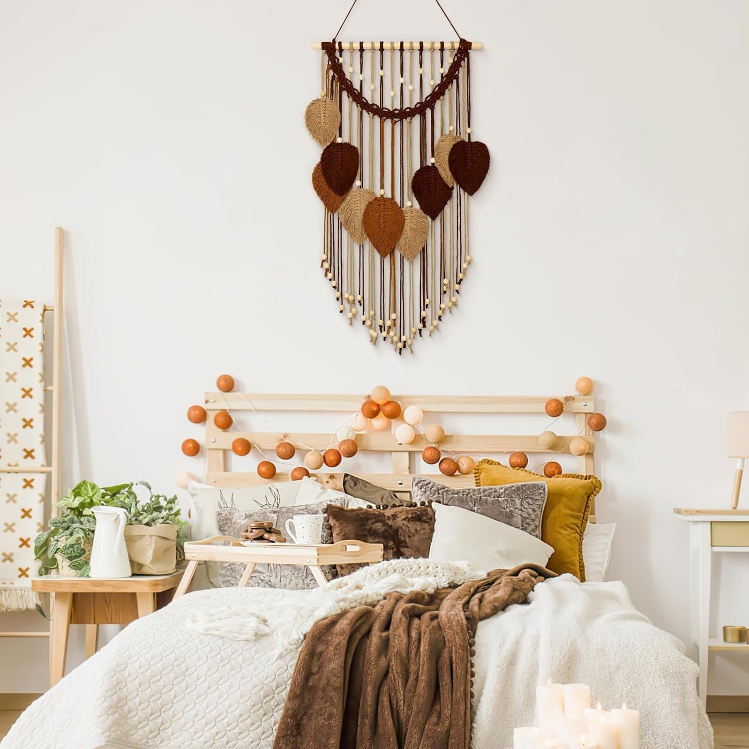 Macrame Wall Hanging Boho Leaf Woven Decor Khaki Brown