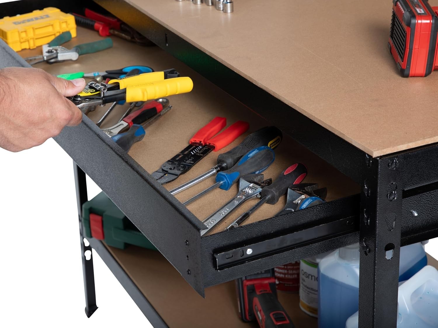 Heavy Duty Workshop Tool Bench Steel Frame Drawer Pegboard Shelves 230kg