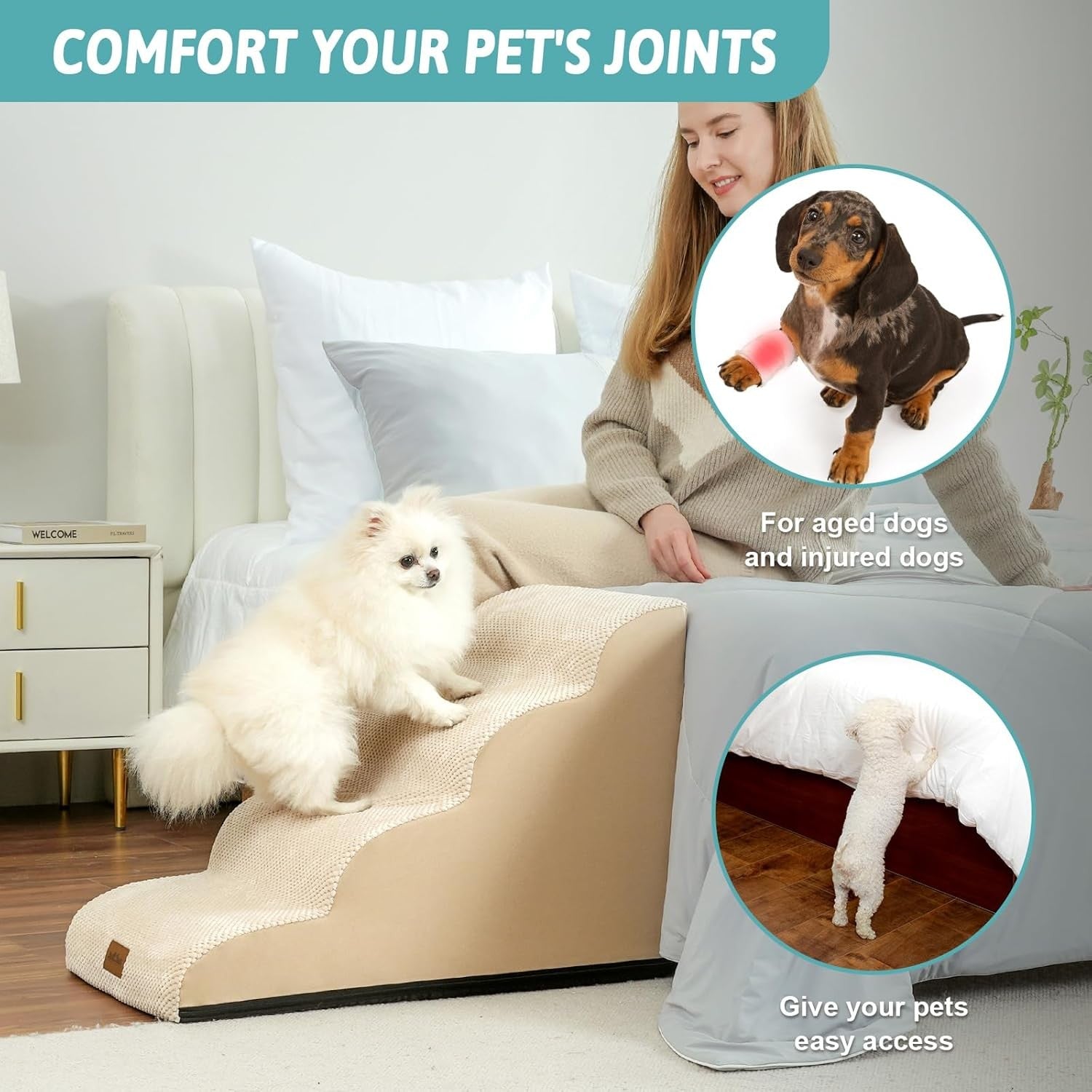 Dog Stairs 4 Tier 19.7in Foam Pet Ramp for Bed Sofa Leakproof