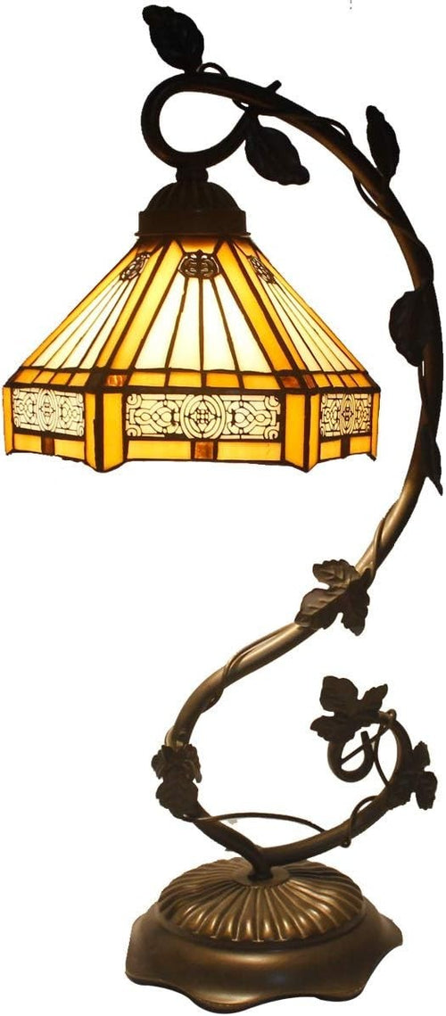 Stained Glass Tiffany Desk Lamp Antique Metal Leaf Base Bedside Reading Light