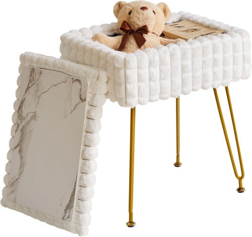 Creamy-White Velvet Round Vanity Stool with Golden Steel Legs