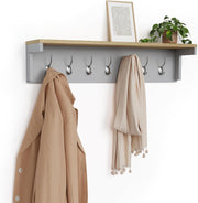 Wall Mounted Coat Rack with Shelf | 7 Double Hooks Grey Wooden Hall Organiser