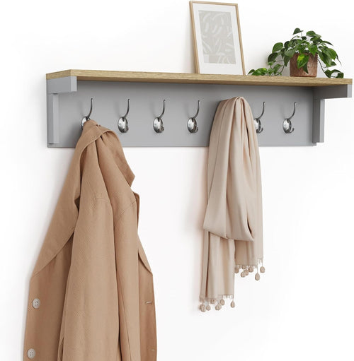 Wall Mounted Coat Rack with Shelf | 7 Double Hooks Grey Wooden Hall Organiser