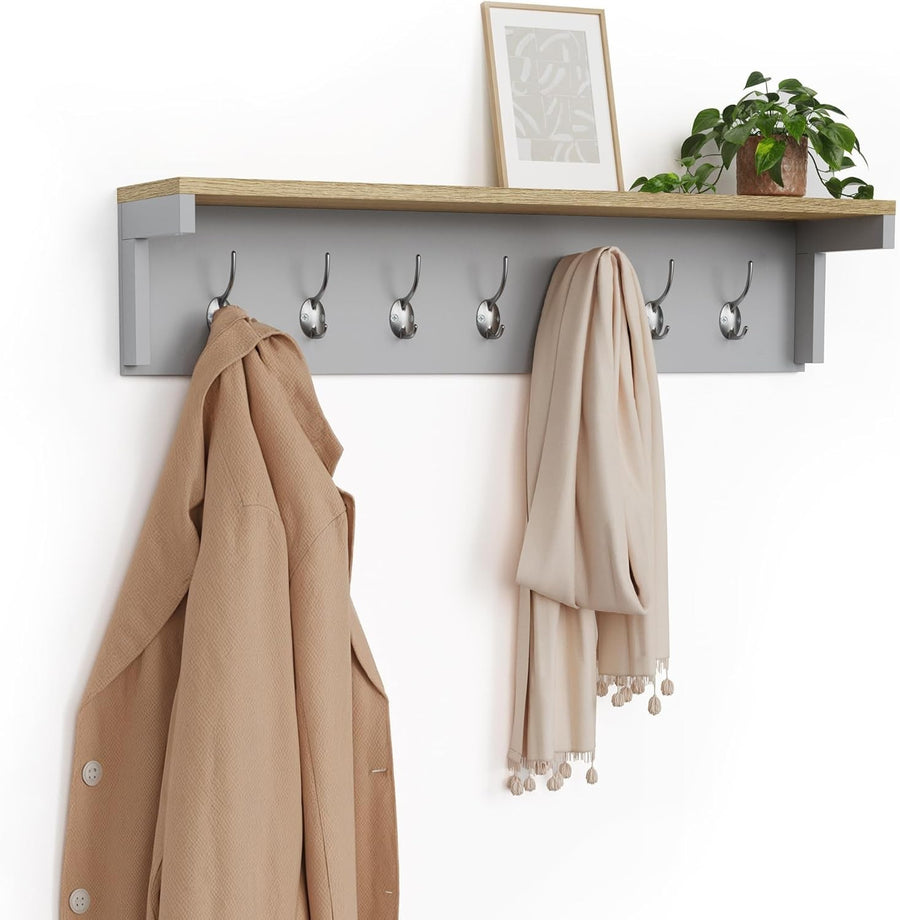 Wall Mounted Coat Rack with Shelf | 7 Double Hooks Grey Wooden Hall Organiser
