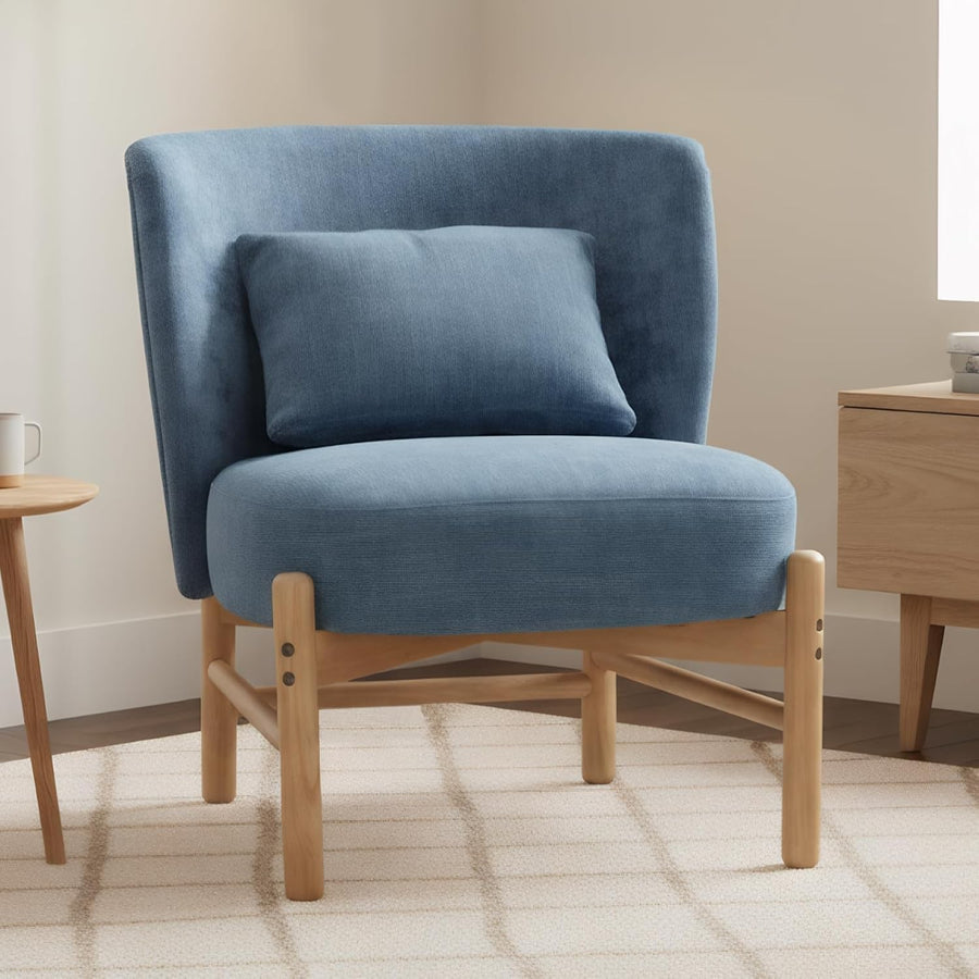 Blue Chenille Accent Chair Armless Tub Chair with Pillow & Wood Legs