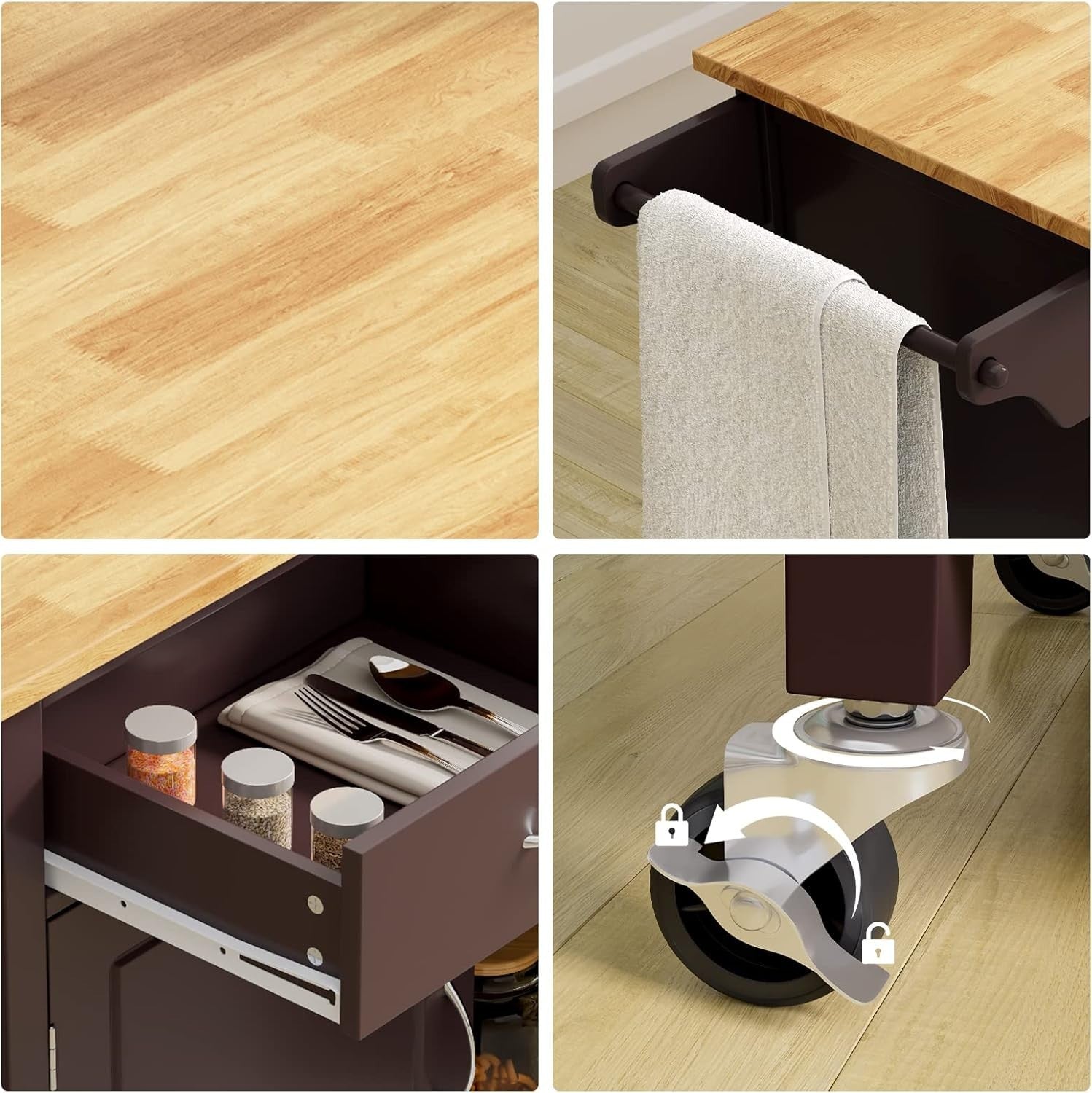Rolling Kitchen Island Cart with 2 Drawers, Adjustable Shelf & Towel Rack.