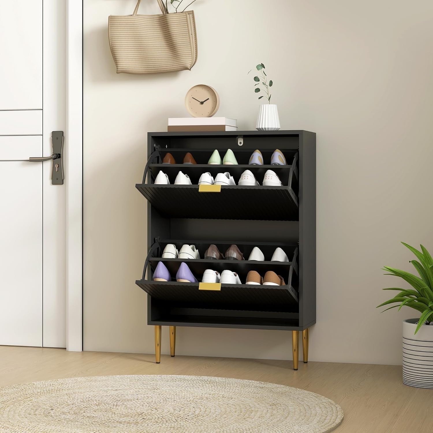 Slim Black Shoe Cabinet 2 Flip Drawers Narrow Hallway Storage Unit 60x24x91.5cm