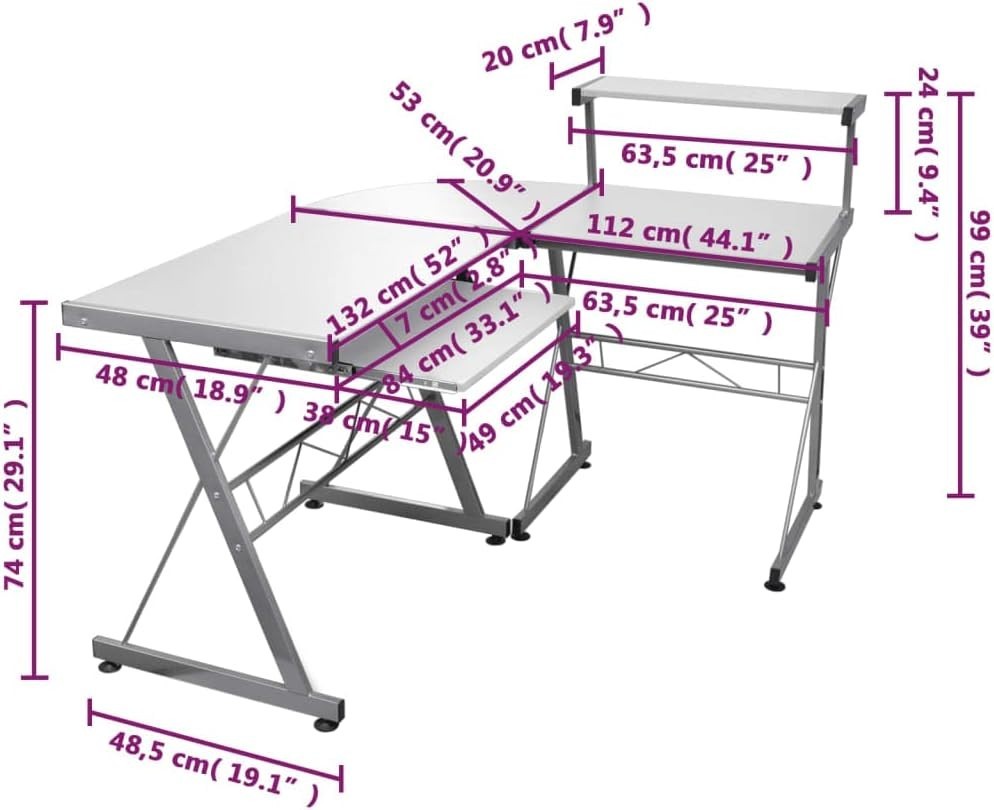 White L-Shaped Corner Computer Desk 132cm with Keyboard Tray, Shelf Office Table