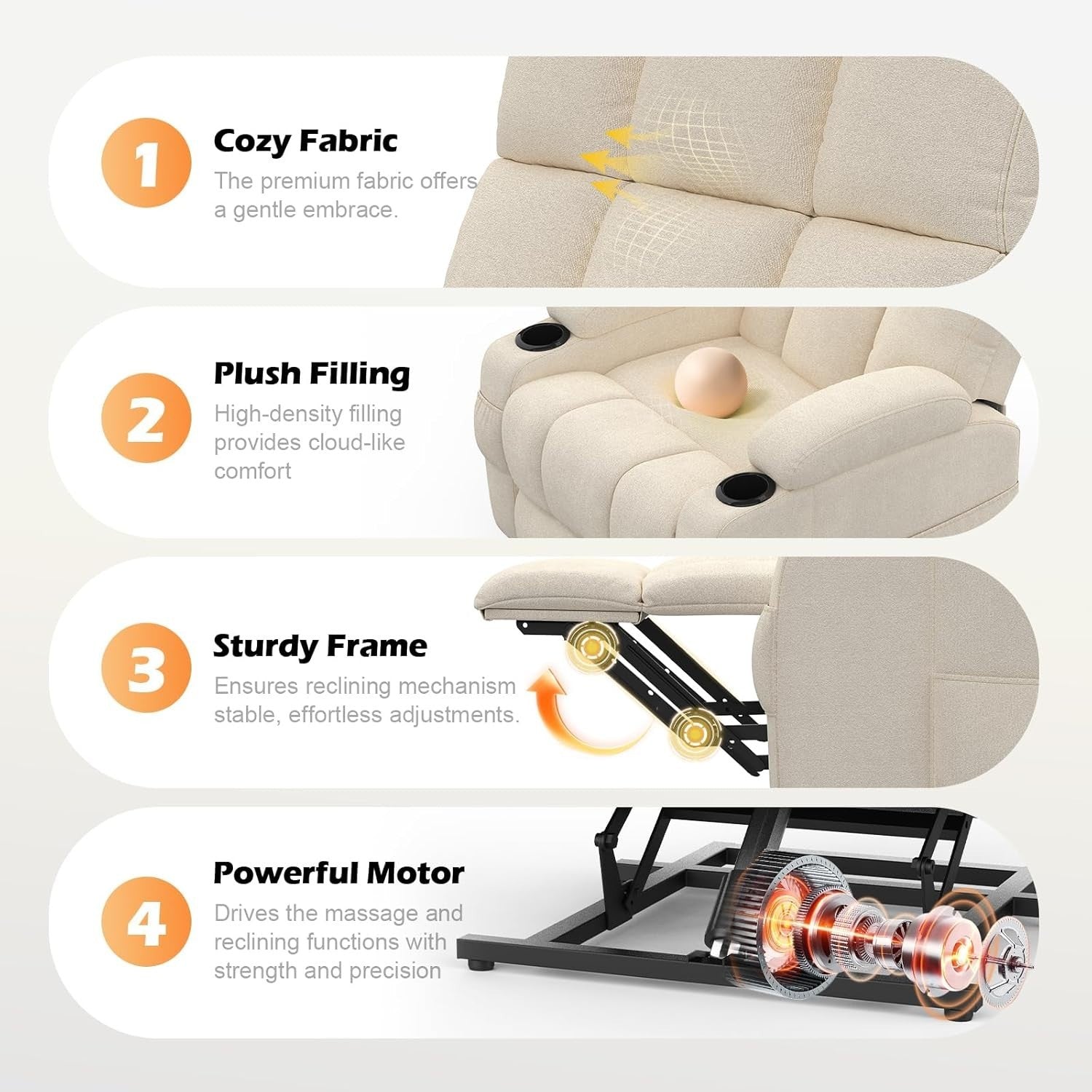 Beige Lift Recliner Chair Elderly Massage Heat USB Cup Holders Extended Footrest
