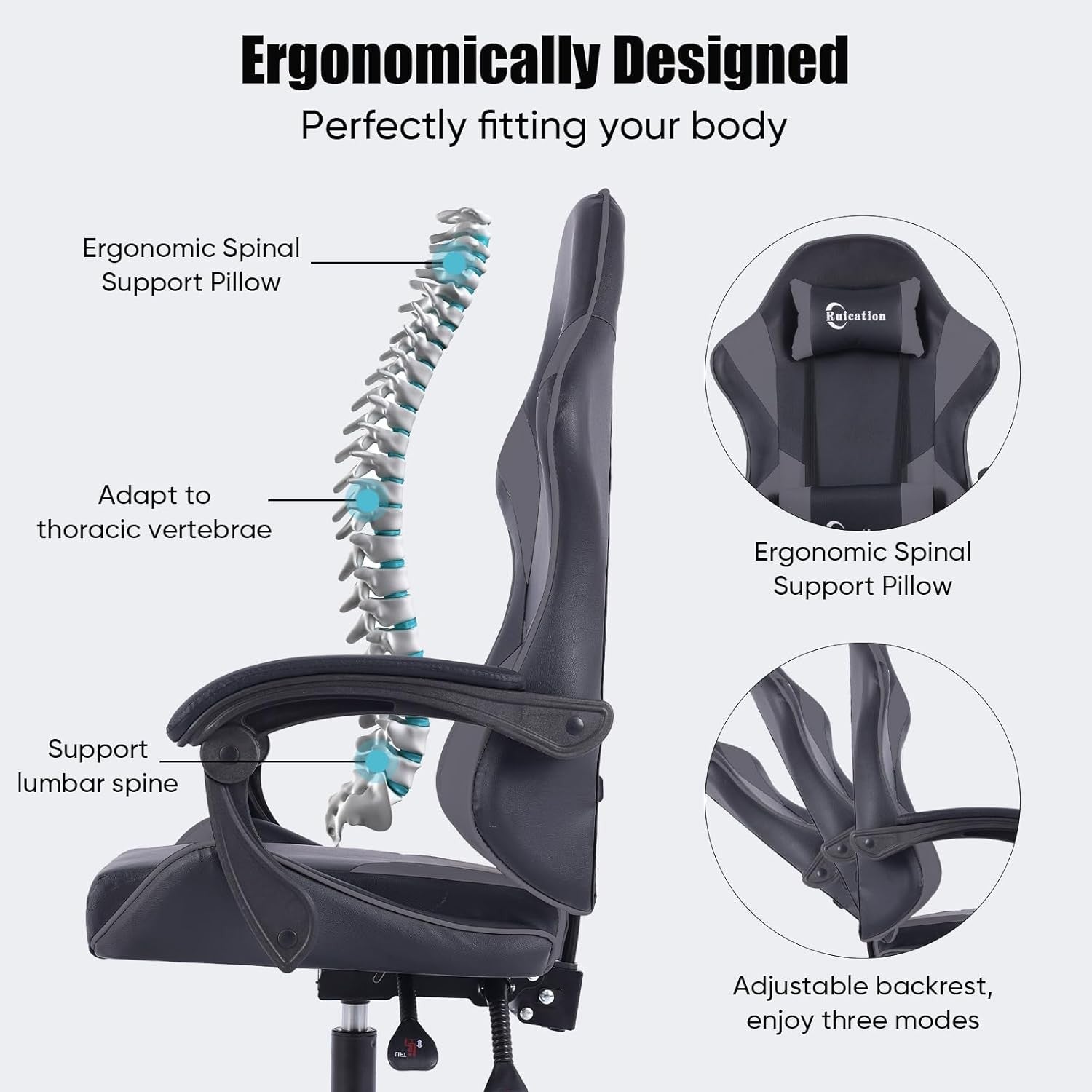Ergonomic Gaming Chair Reclining Office Desk Chair Lumbar Support Grey