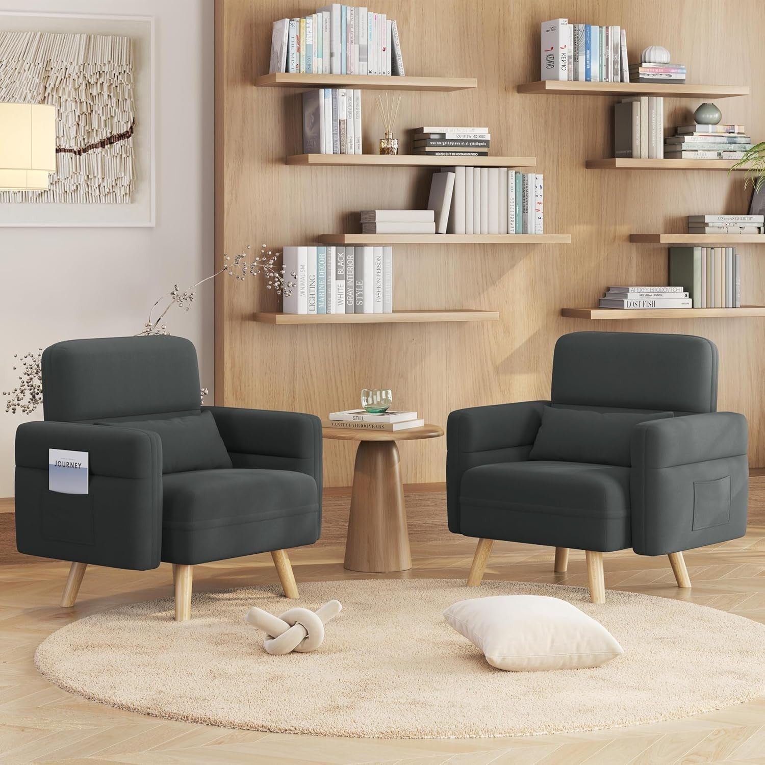 Modern Fabric Tub Armchair with Lumbar Pillow Side Pockets Grey