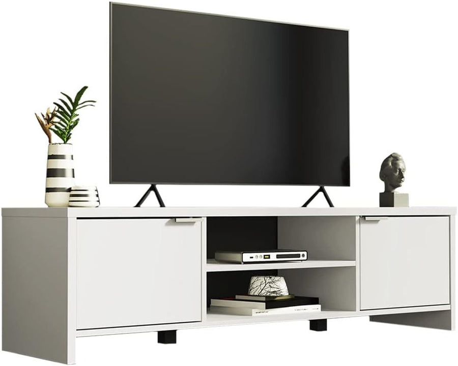 White TV Stand for 55-65" TVs with Cabinet Storage & Open Shelves Media Unit