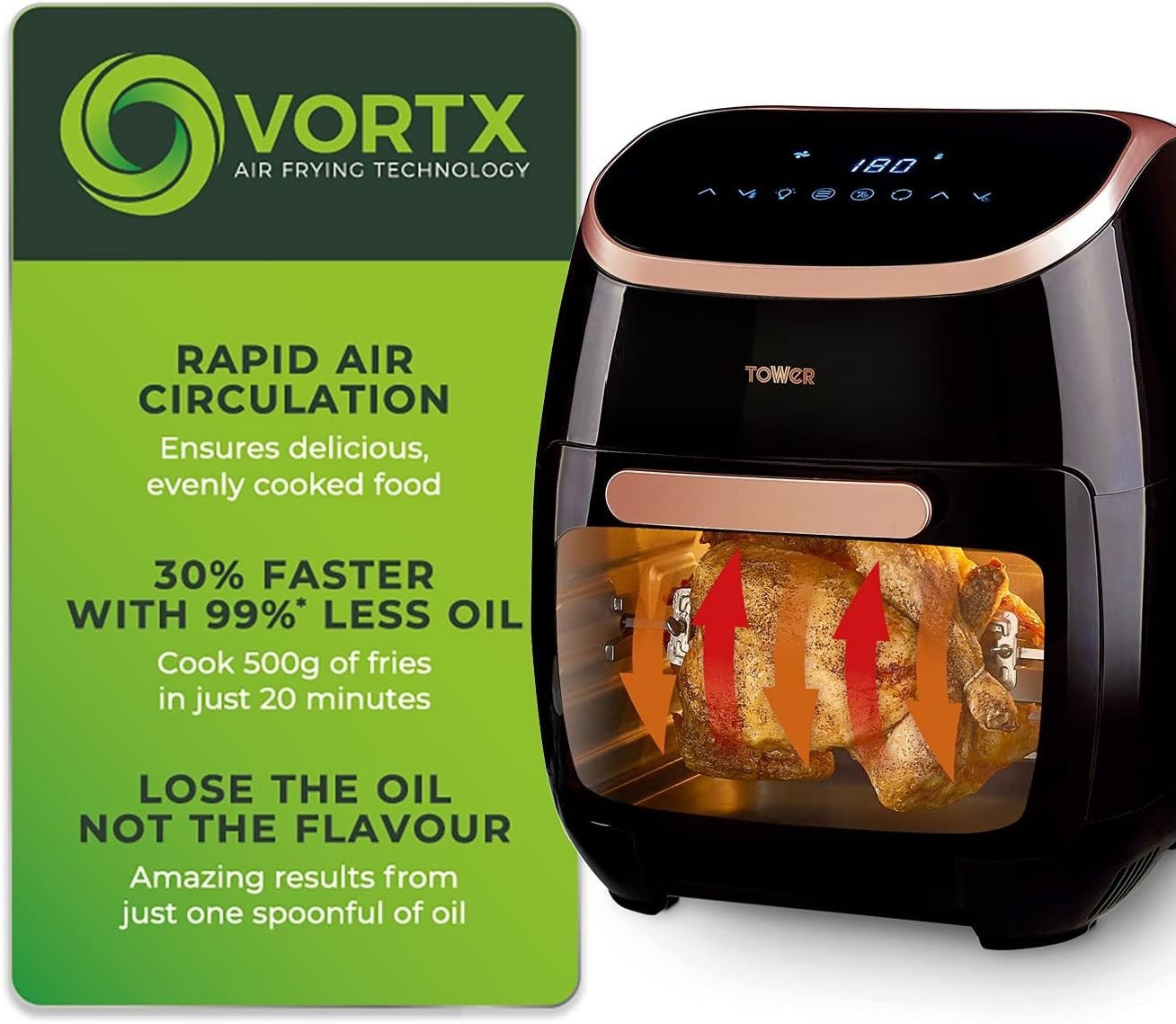11L Digital Air Fryer Oven 5-in-1 Rapid Cook Rotisserie 2000W Rose Gold