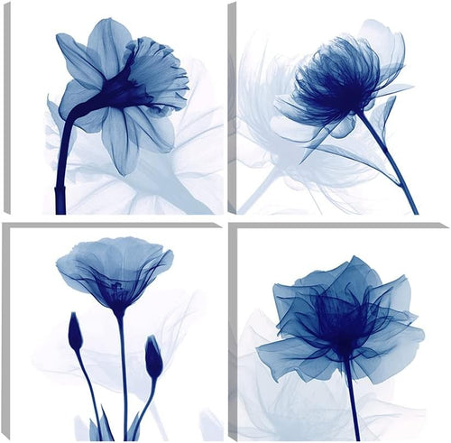 Blue Abstract Flower Canvas Wall Art Set Modern Floral Bedroom Office Decor
