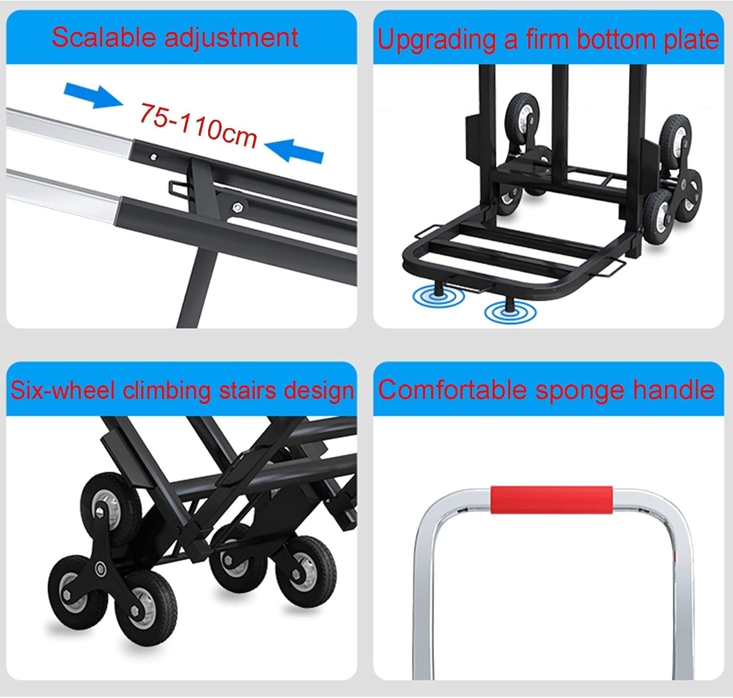 6 Wheel Stair Climbing Folding Hand Truck 100kg Adjustable Steel Trolley