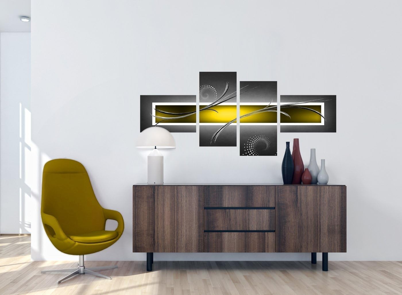 Yellow Grey Abstract Canvas Wall Art 4 Panel Set