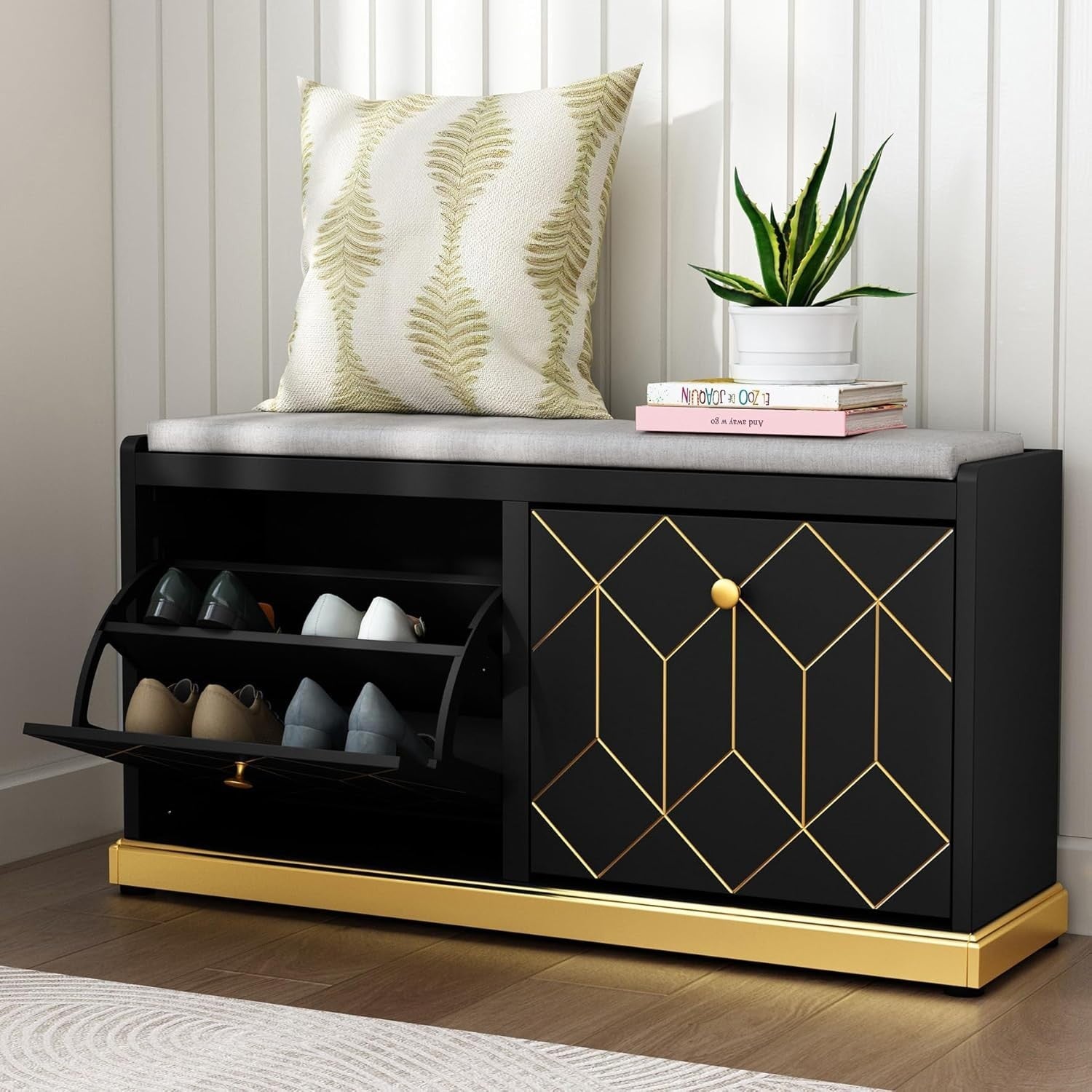 Black Shoe Bench with Cushion & Flip Drawer Hallway Storage 99.6x27.2x49.5cm