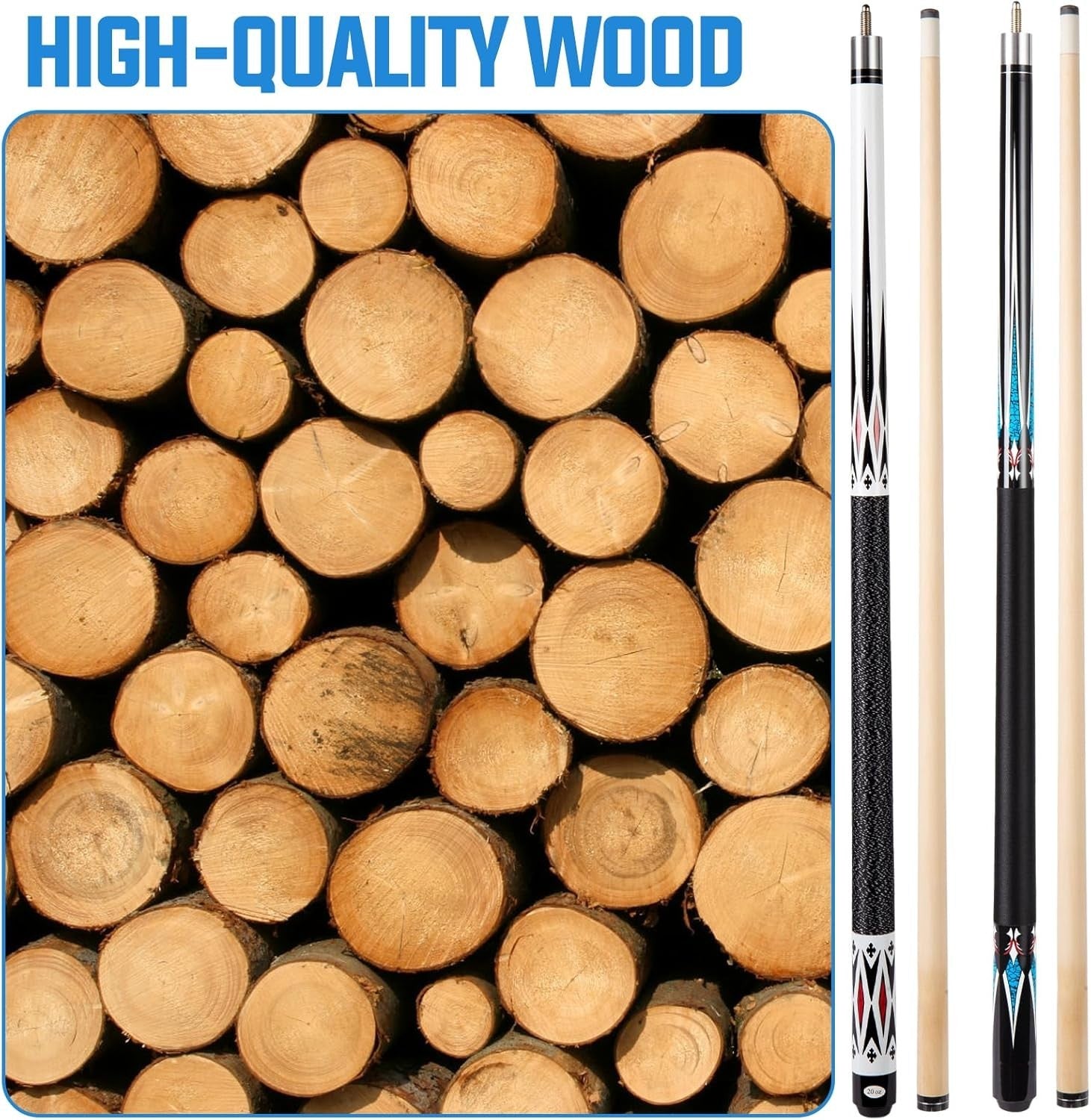 Maple Pool Cue Stick 58 Inch 13mm Tip 2 Piece 19oz 20oz