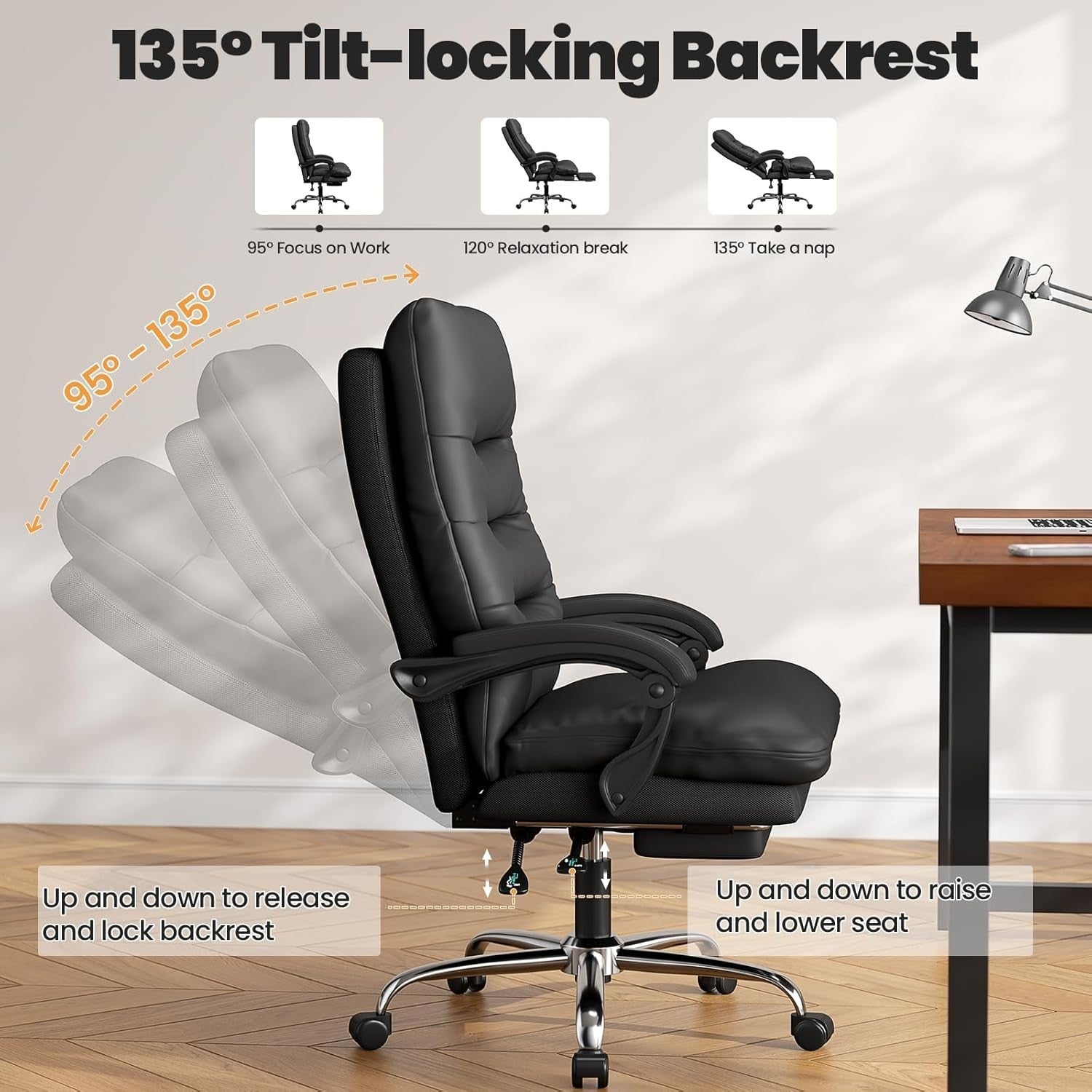 Executive Office Chair Ergonomic PU Leather Computer Desk Seat Adjustable Reclin
