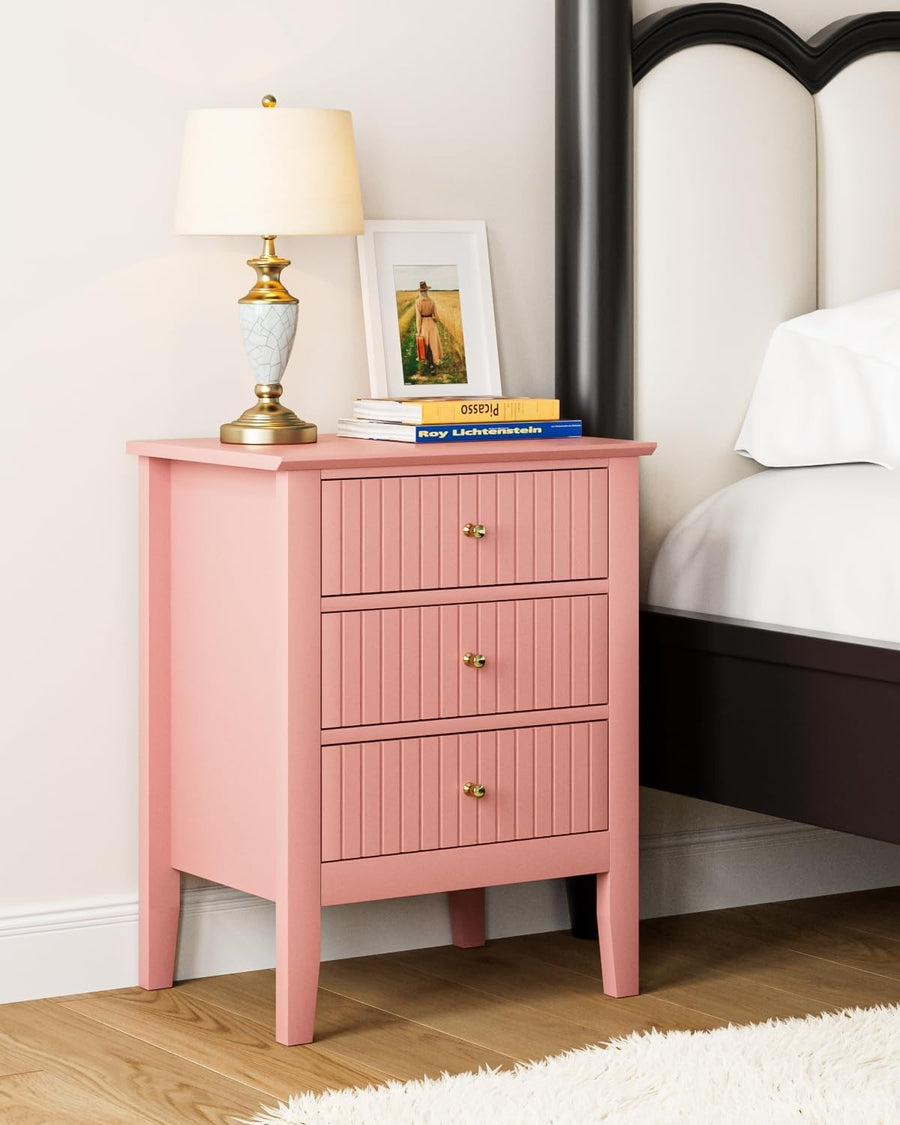 Modern Pink Bedside Table with 3 Drawers Wooden Nightstand Bedroom Storage