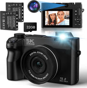 5K 75MP Vlogging Camera Dual Lens WiFi 18X Zoom 32GB Black