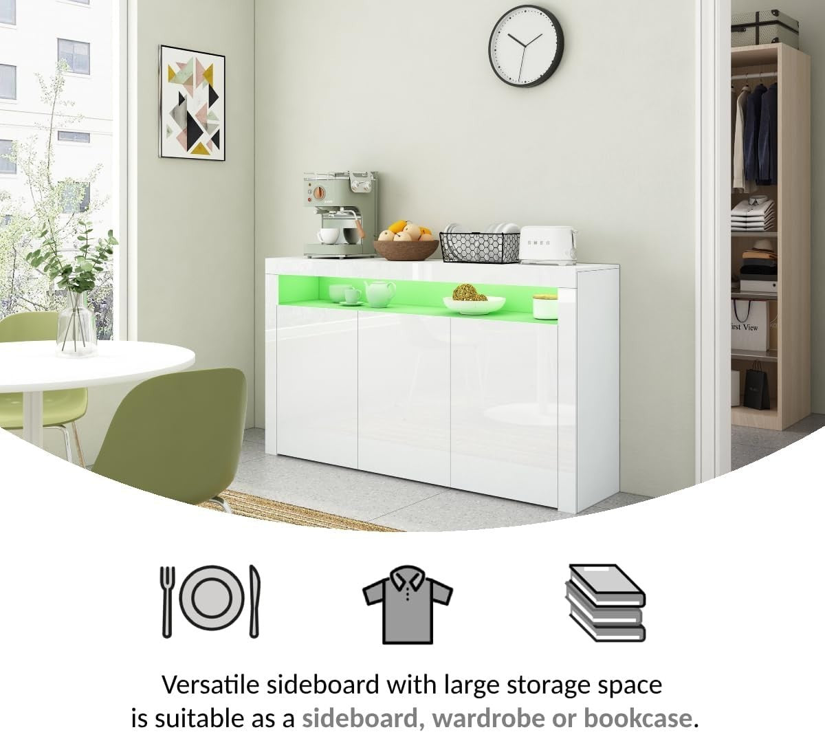Modern LED Sideboard Cabinet 3 Doors + Open Shelf Storage White 152cm