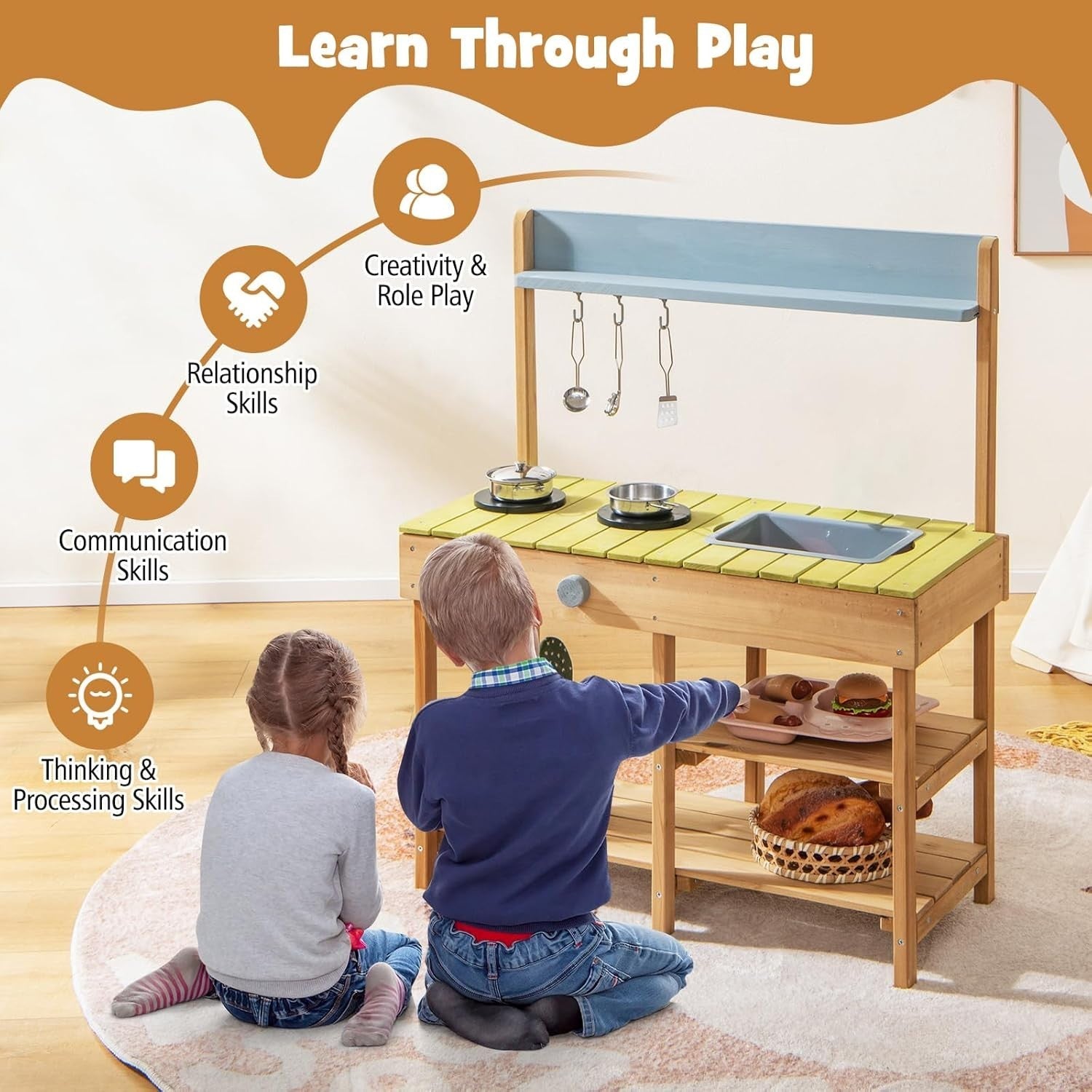 Outdoor Kids Mud Kitchen Wooden Playset Sink Stove Garden Toy