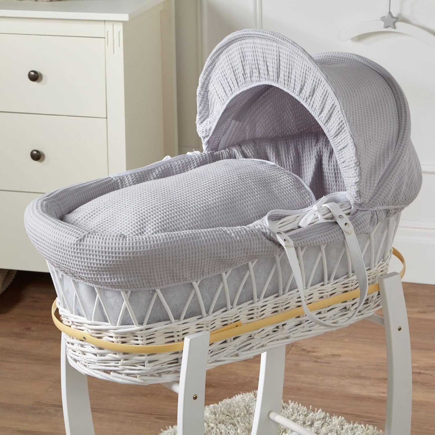 Grey Wicker Moses Basket with Rocking Stand & Mattress Baby Bed Crib Sleeper