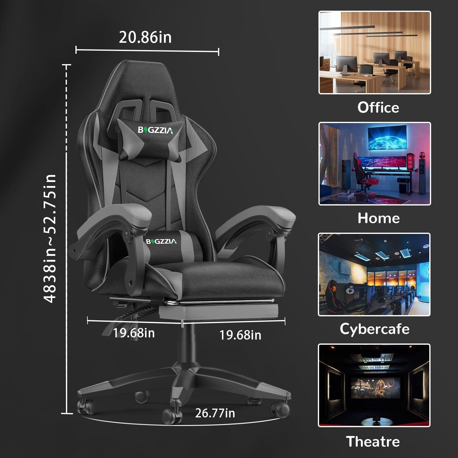 Ergonomic Gaming Chair Recliner w/ Footrest Lumbar Support Grey