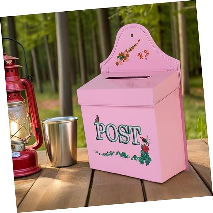 Vintage Wall Mount Mailbox Pink Metal Rustic Outdoor Weatherproof Letter Slot