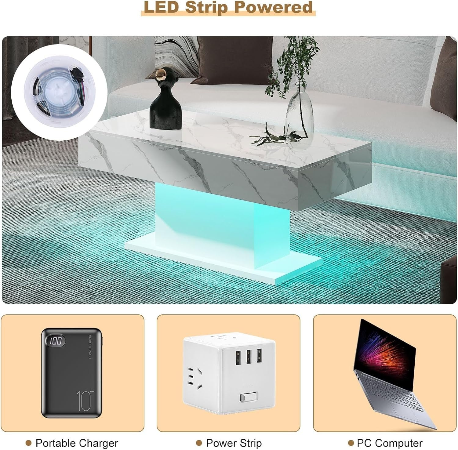 White Marble LED Coffee Table, High Gloss Rectangular 110x55cm