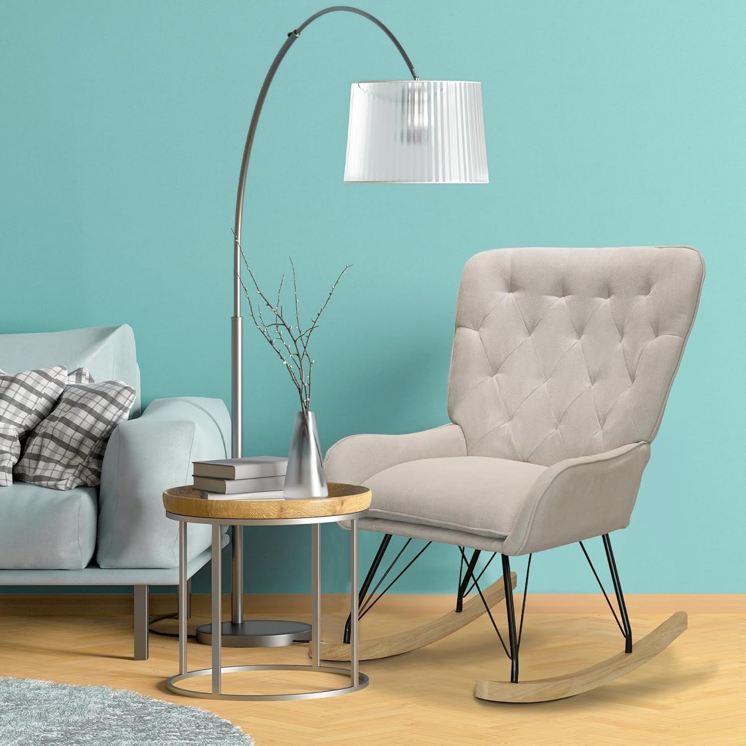 Comfortable Velvet Rocking Chair with Wooden Base for Living Rooms
