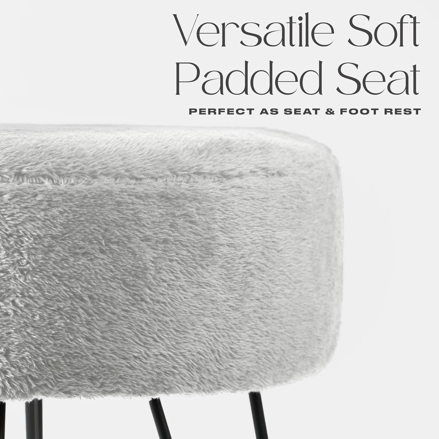 Grey Teddy Fleece Round Footstool Hairpin Leg Vanity Seat Pouffe