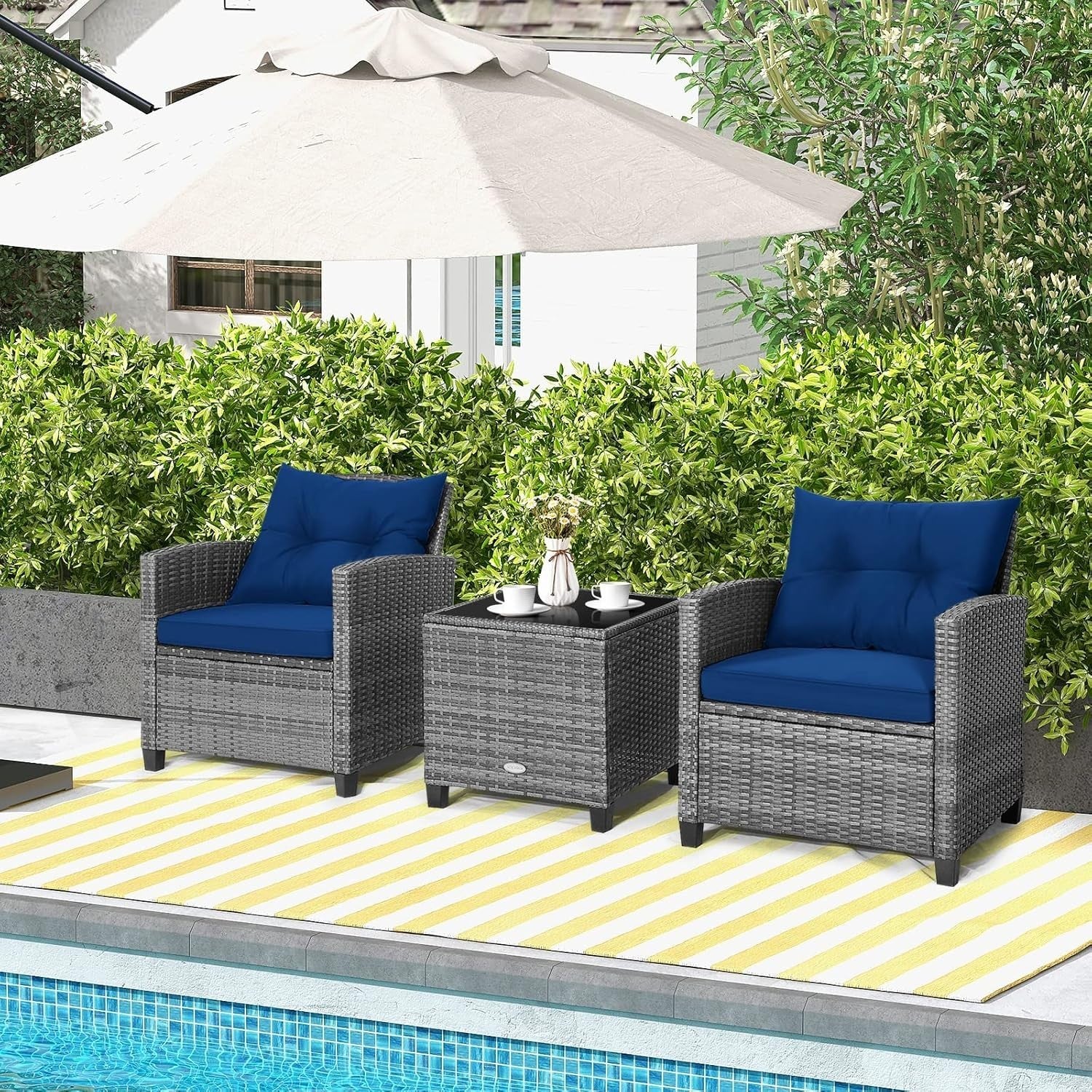 Luxury Rattan Patio Conversation Set Cushioned Chairs Glass Table Garden