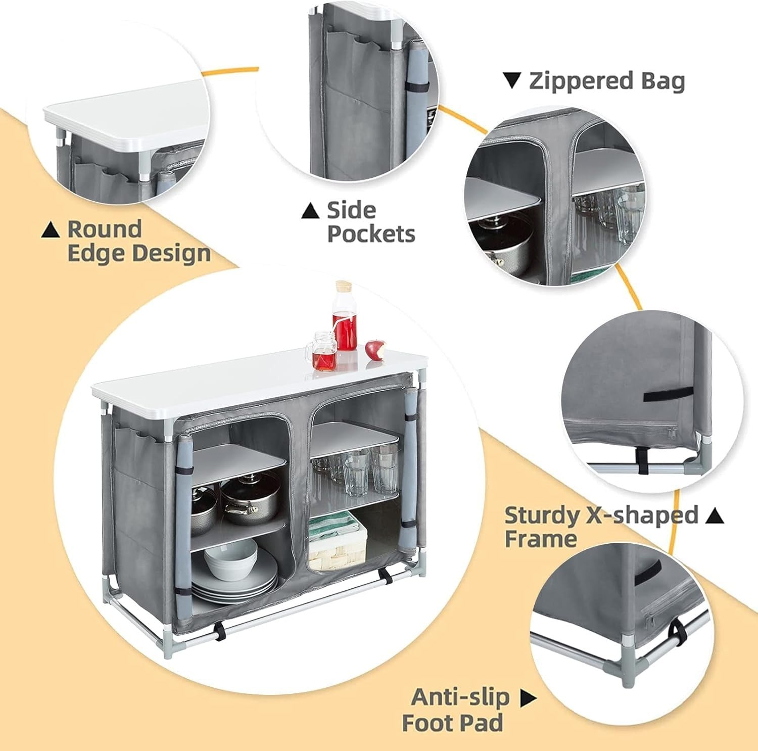 Portable Camping Kitchen Storage Unit with Aluminium Frame & 6 Compartments