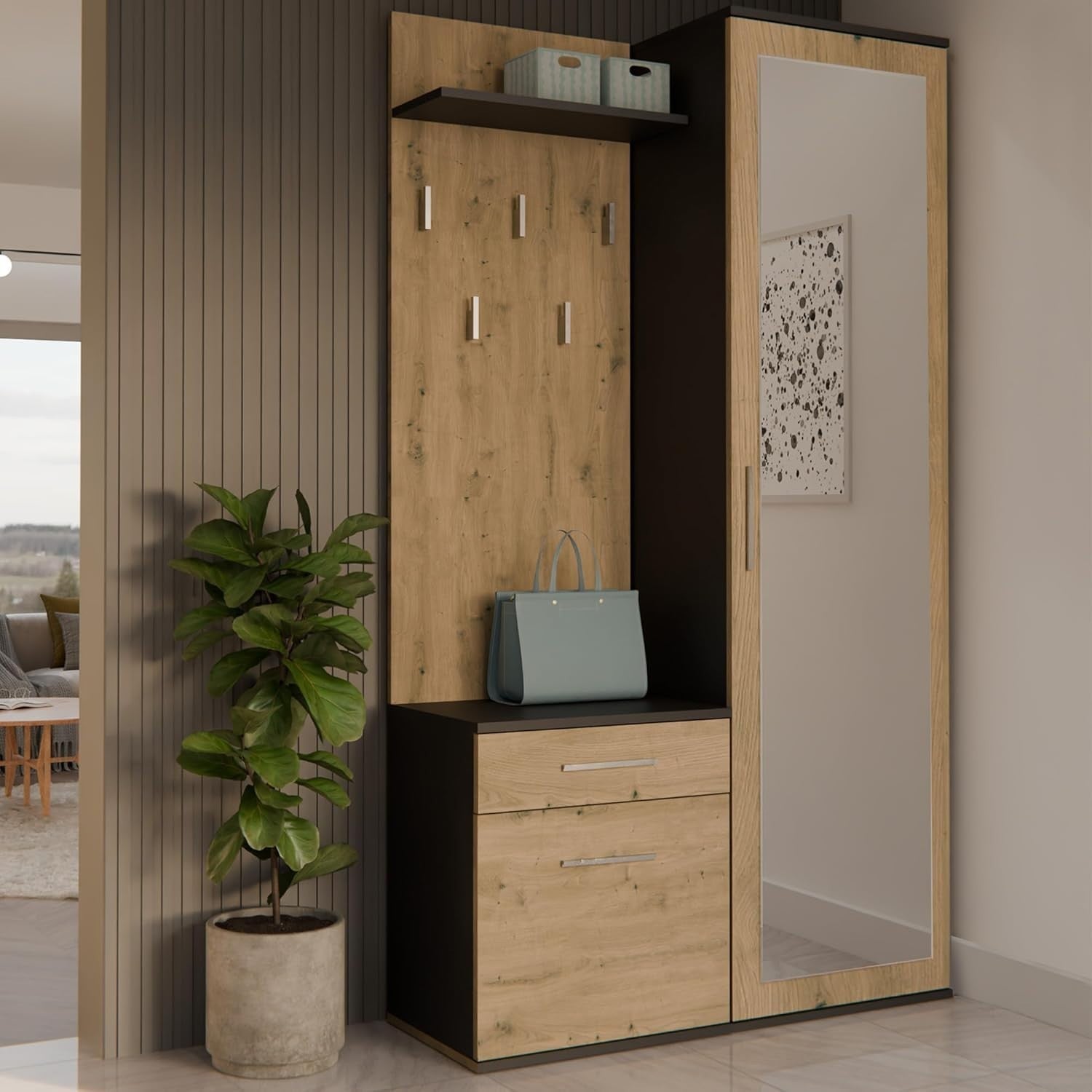 Modern Hallway Wardrobe with Shoe Storage, Hooks & Drawers, 180cm Tall
