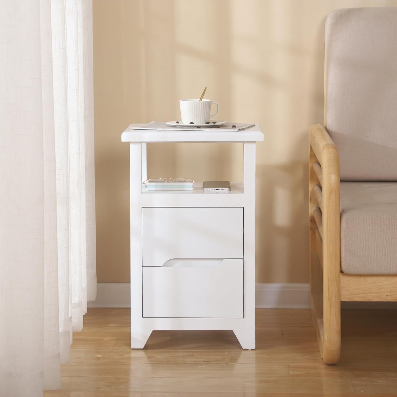 White Bedside Table with Drawer & Open Shelf | Fully Assembled Wooden Nightstand