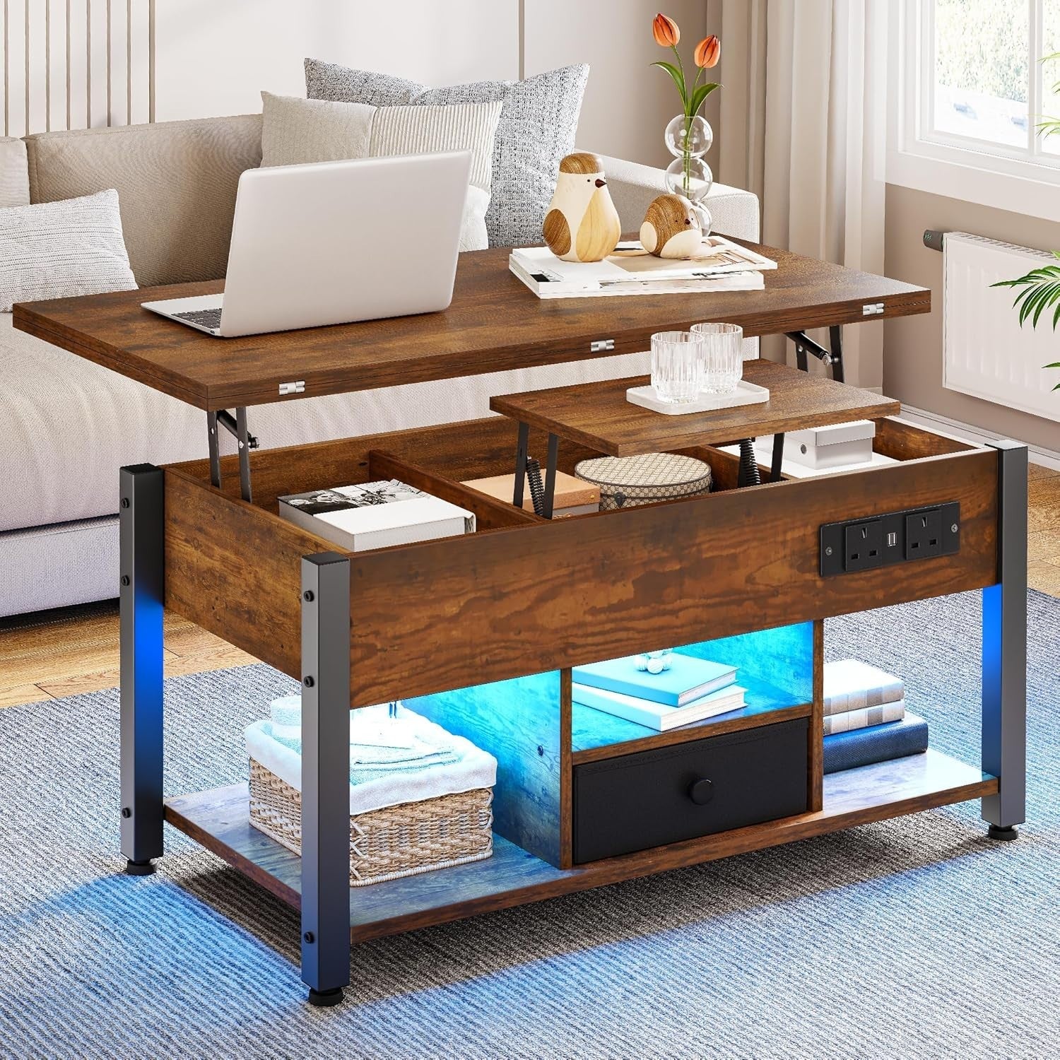 4-in-1 Lift Top Coffee Table with Storage, Charging Ports & RGB LED Lights