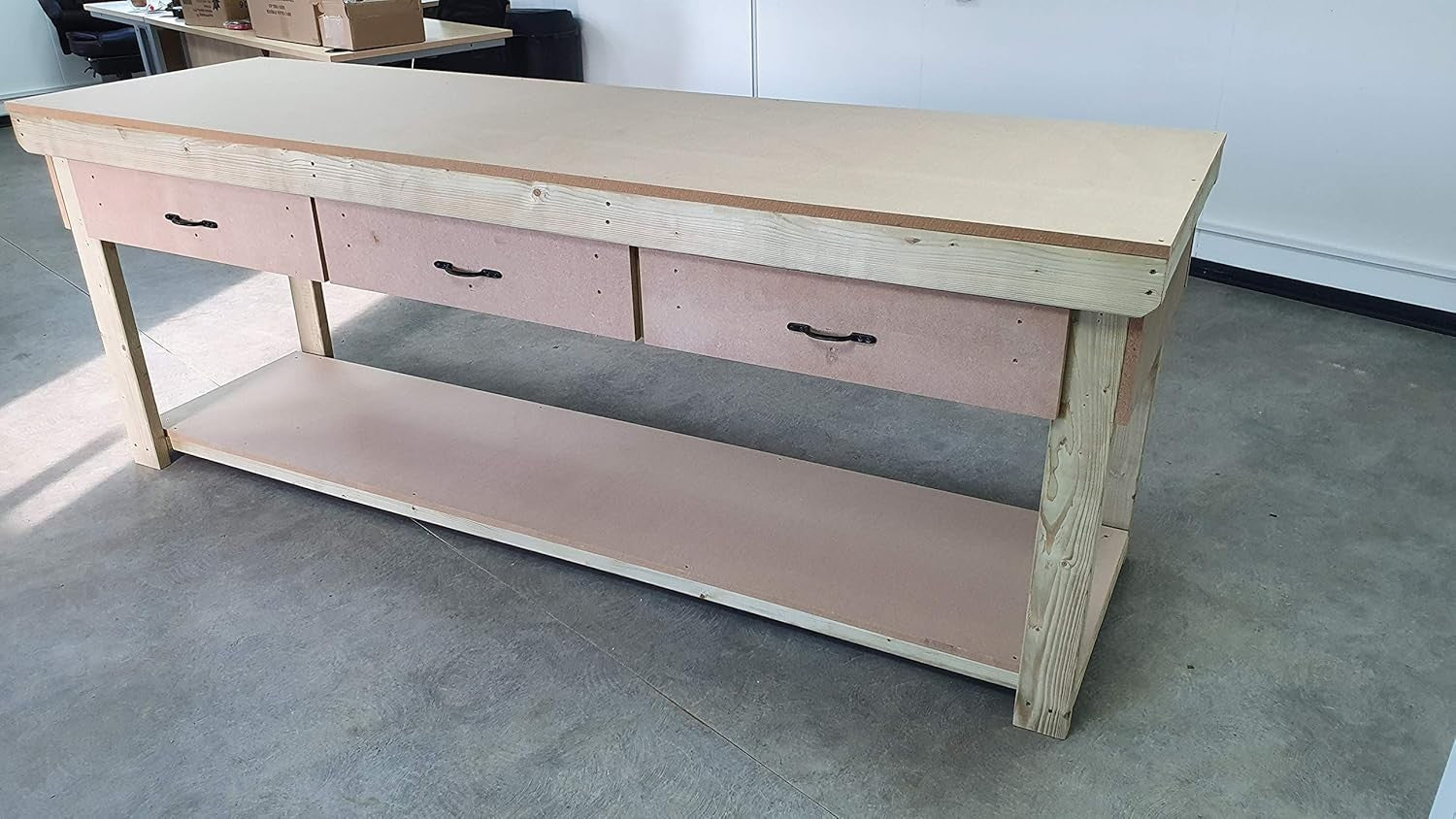 Heavy Duty Wooden Workbench 8ft 18mm MDF Top 3 Drawers Garage Industrial