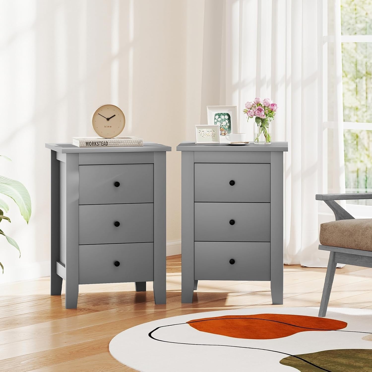 Set of 2 Grey 3 Drawer Bedside Tables | Modern Wooden Nightstands