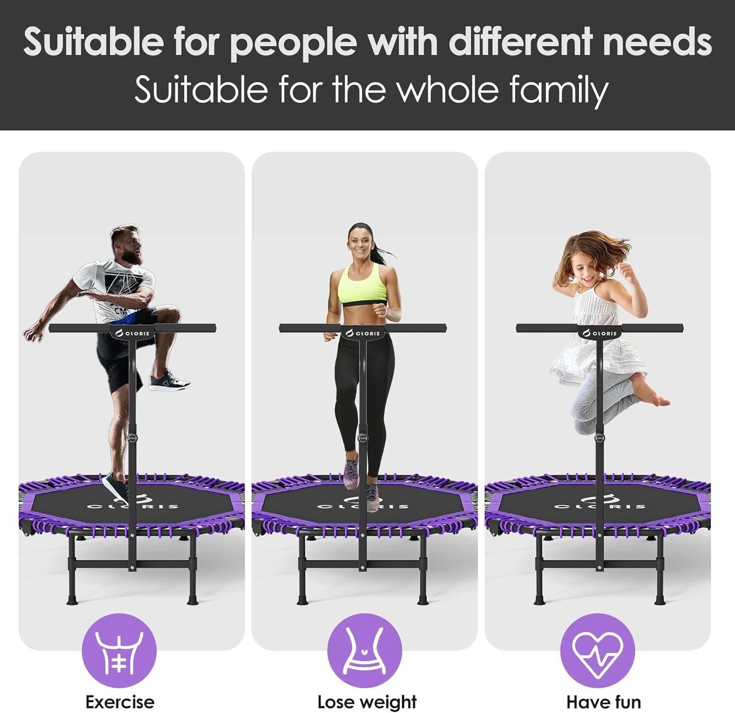 48” Folding Fitness Trampoline Rebounder Adjustable Handle 450lbs