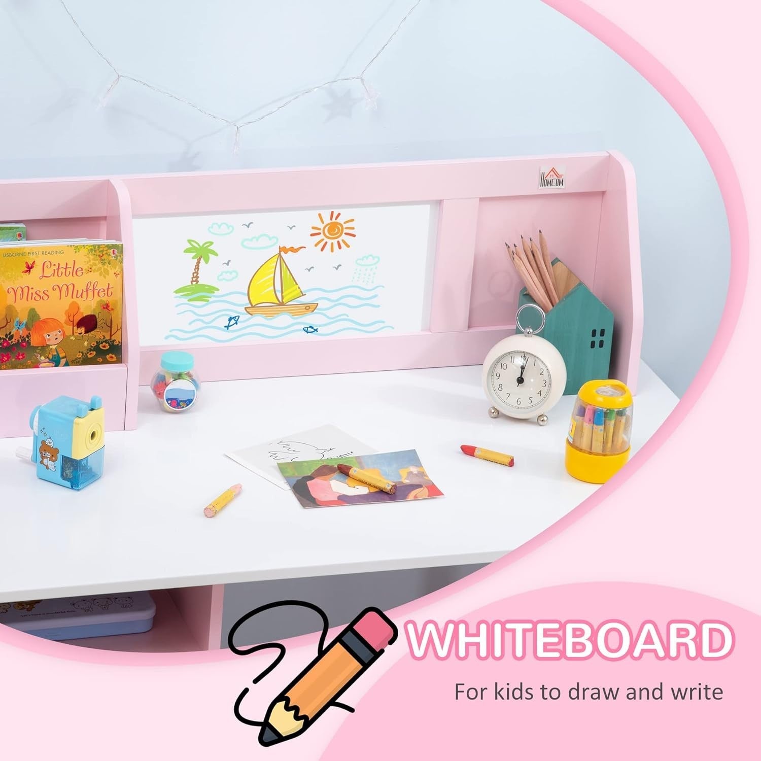 Kids Desk and Chair Set with Storage Whiteboard Study Table Furniture Pink